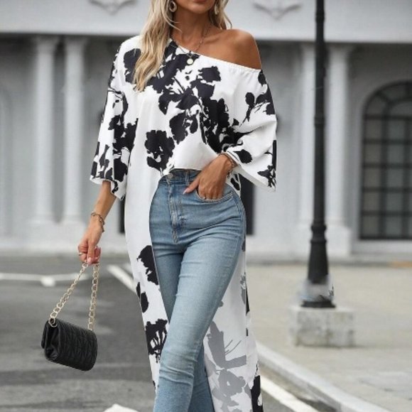Plus Size Flower Print High Low Hem Blouse Women Tops Vintage V Neck Full Sleeve Long Blouses Shirts Ladies Clothes